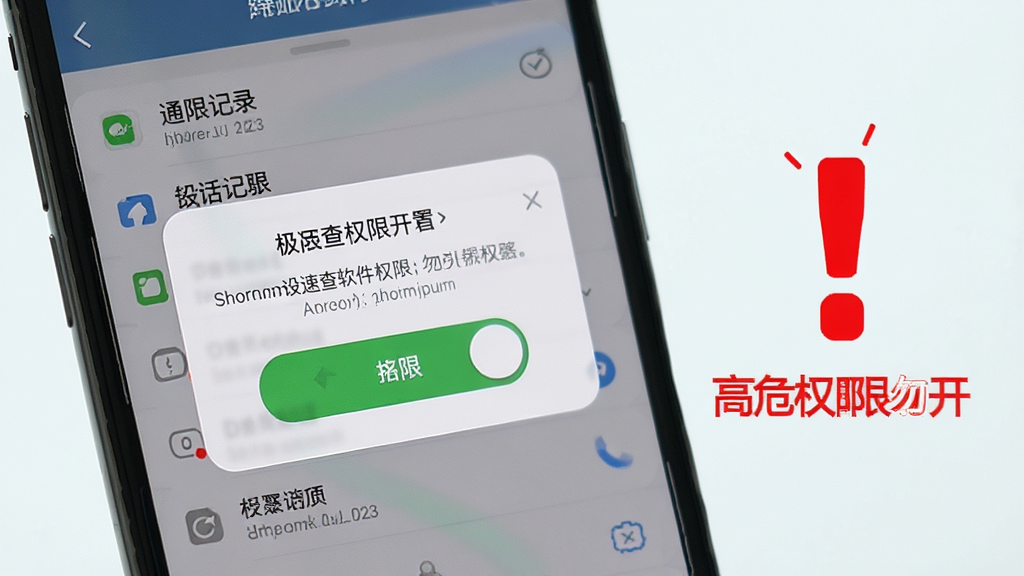 一张展示手机屏幕上通话记录极速查软件权限设置引导页面的图片,画面中手机显示权限开启提示弹窗,旁边有一个红色的感叹号图标强调高危权限勿开,背景为简洁的浅色,风格警示与指导并存,细节上突出权限开关按钮与文字说明,画质清晰,画面干净,无多余元素