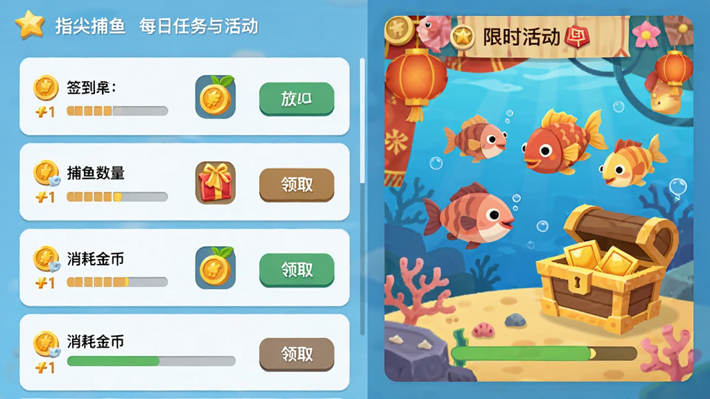 指尖捕鱼每日任务与活动界面,画面左侧为任务列表,包含签到、捕鱼数量、消耗金币等条目,每条任务右侧显示奖励图标和领取按钮,画面右侧为限时活动横幅,展示节日主题鱼群和宝箱奖励,风格为清新扁平化设计,细节包括金币图标和进度条,画质高清,画面干净,无多余元素