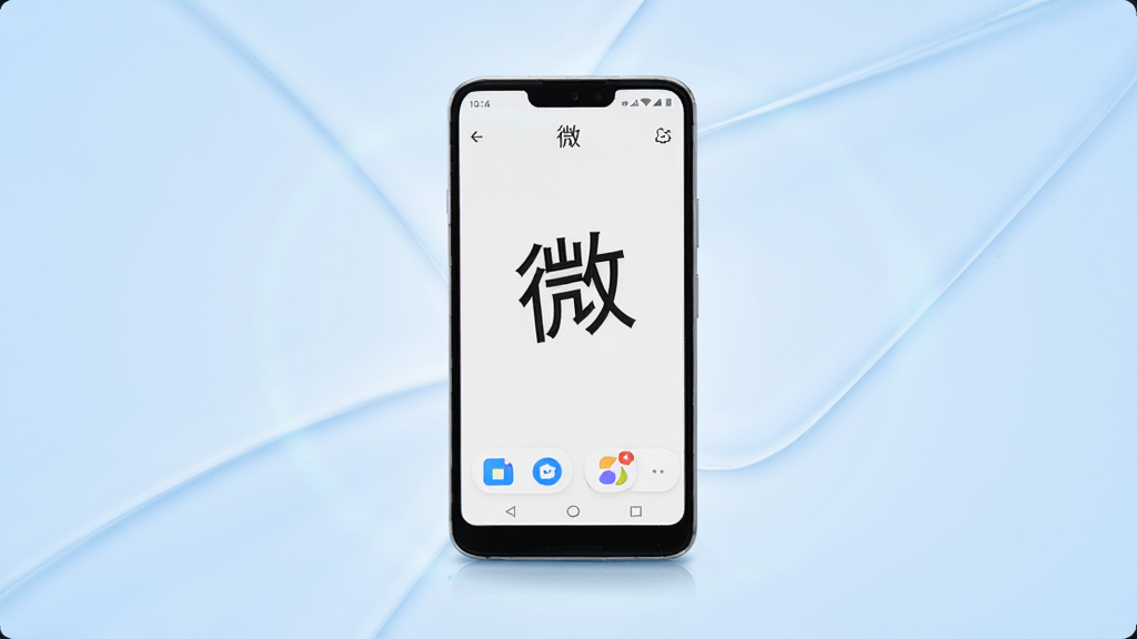 画面中央摆放一部安卓手机,手机屏幕显示“微”软件主界面,界面简洁,顶部有“微”字样,底部有几个功能图标,手机周围有轻微的光晕效果,背景是柔和的浅蓝色渐变,风格清新简约,细节清晰,画质高清,干净无多余元素