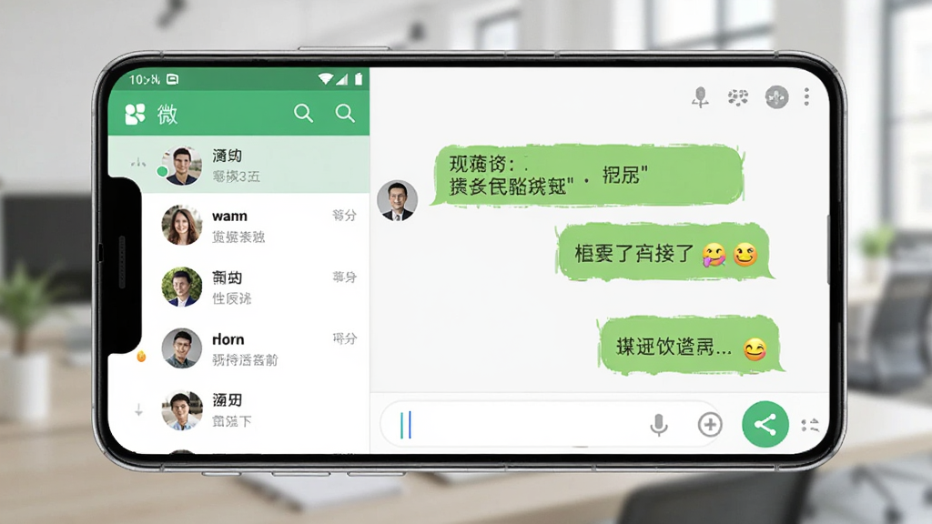 一部安卓手机横屏展示“微”软件聊天界面,左侧是联系人列表,右侧是对话气泡,气泡中有文字和表情,界面配色为浅绿色和白色,手机下方有输入框和发送按钮,背景是模糊的办公场景,风格现代简约,细节清晰,画质高清,干净无多余元素