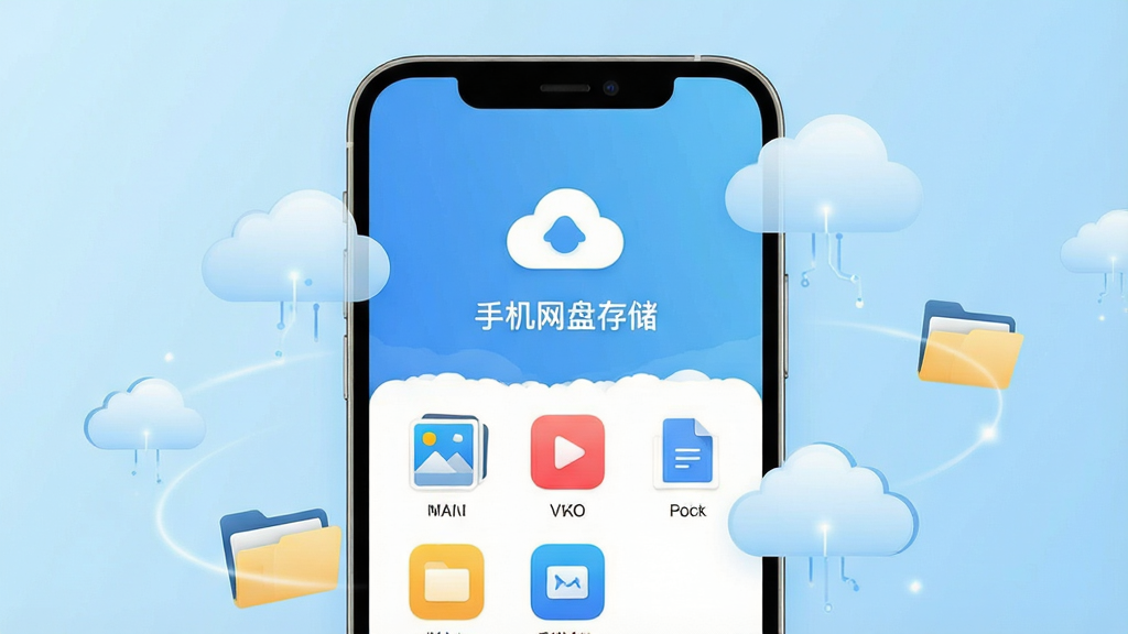一张展示智能手机屏幕的图片,屏幕中央显示“手机网盘存储”应用界面,界面布局简洁,上方有云朵图标,下方排列着照片、视频、文档等文件分类图标,手机周围环绕着漂浮的云朵和文件夹图标,背景为浅蓝色渐变,风格清新科技感,画质清晰,干净无多余元素。