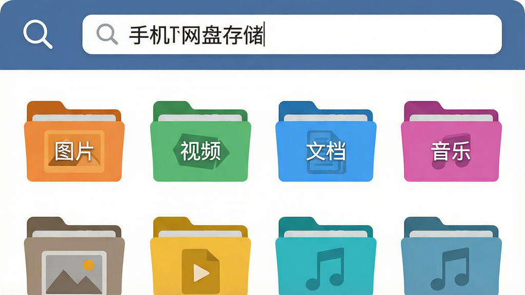 一幅AI生图,画面展示一个虚拟的文件管理界面,界面中整齐排列着不同颜色的文件夹图标,分别标注“图片”“视频”“文档”“音乐”,界面顶部有一个放大镜图标和搜索框,搜索框内显示“手机网盘存储”字样,风格为现代扁平化UI设计,画质高清,干净无多余元素。