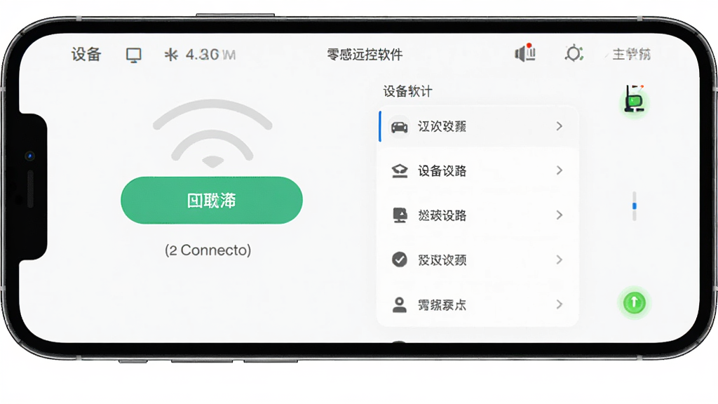 零感远控软件主界面展示,主体为手机屏幕显示远程控制连接状态,布局简洁,排版清晰,风格现代科技感,细节包括连接按钮、设备列表和状态指示灯,画质高清,干净,无多余元素