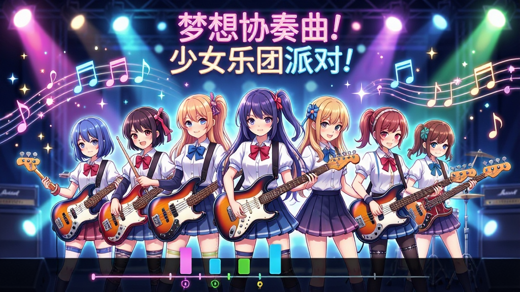一张以「梦想协奏曲!少女乐团派对!」为主题的竖版手机游戏宣传图,画面中央是七支少女乐队的角色群像,角色们手持吉他、贝斯、鼓棒等乐器,背景是闪耀的Live House舞台灯光与音符特效,整体采用日系二次元动漫风格,色彩鲜艳明亮,布局上角色呈扇形展开,顶部留白处用霓虹字体写着「梦想协奏曲!少女乐团派对!」,底部为节奏判定线UI元素,画质高清,细节精致,干净无多余元素