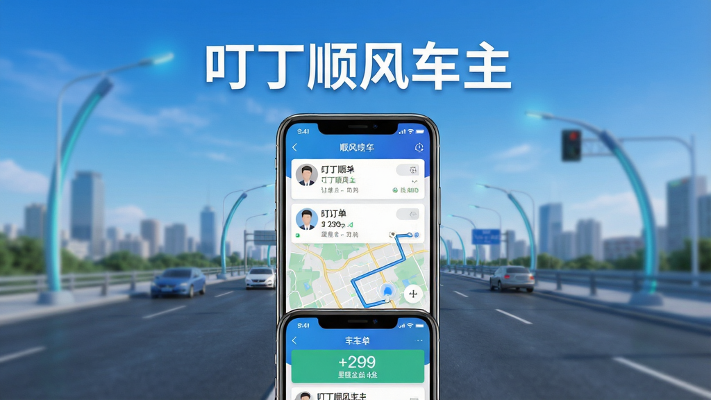 一张展示“叮丁顺风车主”手机应用界面的竖版宣传图,画面主体是一部智能手机,屏幕中显示顺风车订单列表和地图导航路线,背景为城市道路与蓝天,布局采用居中构图,上方放置“叮丁顺风车主”软件名称文字,下方展示车主接单成功页面,风格为现代科技感UI展示风,细节包括订单卡片、车主头像、里程收益数字,画质高清,画面干净,无多余元素