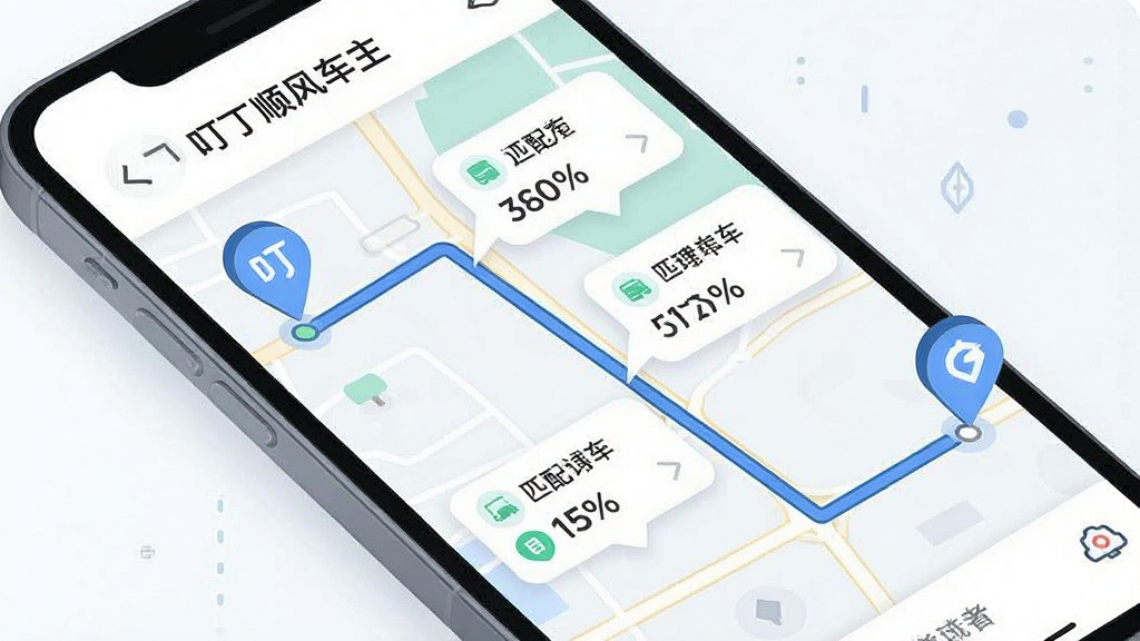 一张展示“叮丁顺风车主”智能匹配功能的界面截图风格图片,画面主体为手机屏幕,屏幕中显示地图路线与多个顺路订单气泡,布局采用斜向展示,左侧为出发地标记,右侧为目的地标记,风格为清新简约的科技插画风,细节包括路线连线、订单卡片、匹配百分比数字,画质清晰,画面干净,无多余元素