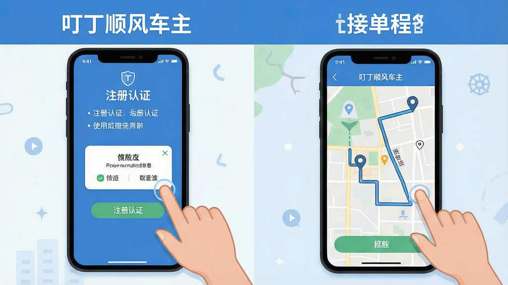 一张展示“叮丁顺风车主”使用教程的图文示意图,画面主体为手机屏幕操作步骤分解,布局采用左右分栏,左侧为注册认证界面,右侧为接单导航界面,风格为扁平化教程插画风,细节包括手指点击图标、权限弹窗、地图路线,画质清晰,画面干净,无多余元素