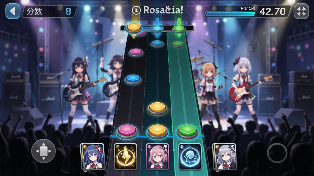 一张「梦想协奏曲!少女乐团派对!」手机游戏操作界面的生图,画面为竖屏手机屏幕,显示节奏打击玩法正在进行,下落音符轨道上有彩色按键,顶部为分数与连击数显示,底部为角色技能卡牌图标,背景是Roselia乐队的Live演出场景,风格为日系音游UI设计,布局清晰,色彩对比鲜明,画质高清,细节精致,干净无多余元素