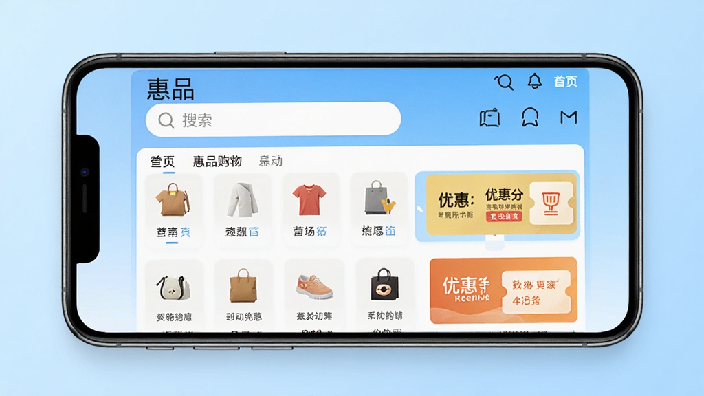 一张展示惠品购物应用主界面的手机预览图,画面中央放置一部智能手机,屏幕显示惠品应用首页,包含搜索框、商品分类图标和优惠券横幅,背景为浅蓝色渐变,风格简洁现代,细节清晰,画质干净明亮,无多余元素