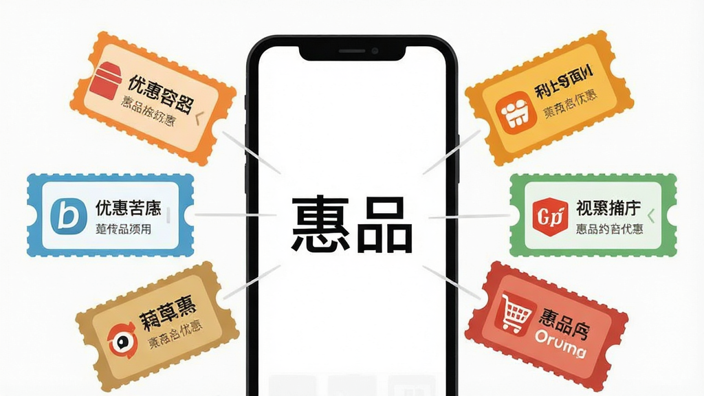 一幅展示惠品应用优惠聚合功能的界面截图风格插画,画面中多个电商平台的优惠券图标汇聚到一个中心手机屏幕上,屏幕内显示“惠品”字样,布局对称,风格扁平化,细节清晰,画质干净,无多余元素