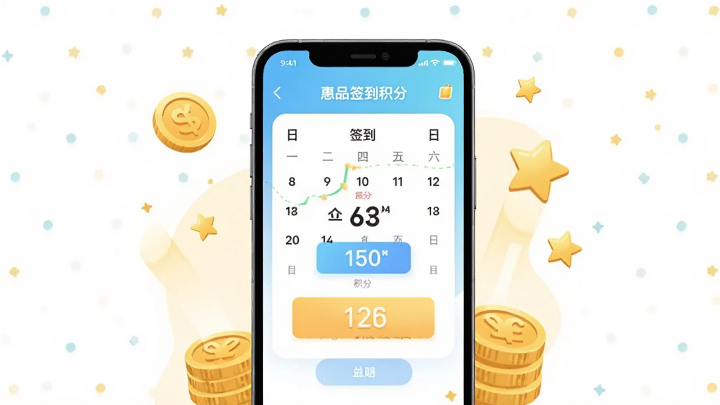 一幅表现惠品签到积分功能的手机界面插图,画面中手机屏幕显示签到日历和积分数字,周围有金币和星星装饰元素,风格活泼清新,布局居中,细节丰富,画质干净,无多余元素