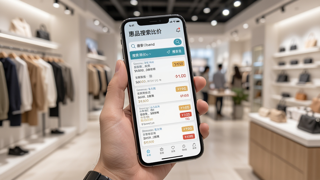 一幅展示惠品商品搜索比价功能的场景图,画面中一只手拿着手机,屏幕显示搜索结果列表和价格对比标签,背景为室内购物环境,风格写实,细节清晰,画质干净,无多余元素
