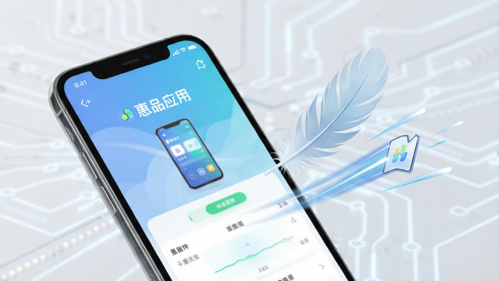 一幅展示惠品应用轻量运行特点的示意图,画面中手机屏幕显示应用运行流畅,旁边有羽毛和速度线条象征轻快,背景为浅灰色,风格简约科技感,布局清晰,细节干净,画质明亮