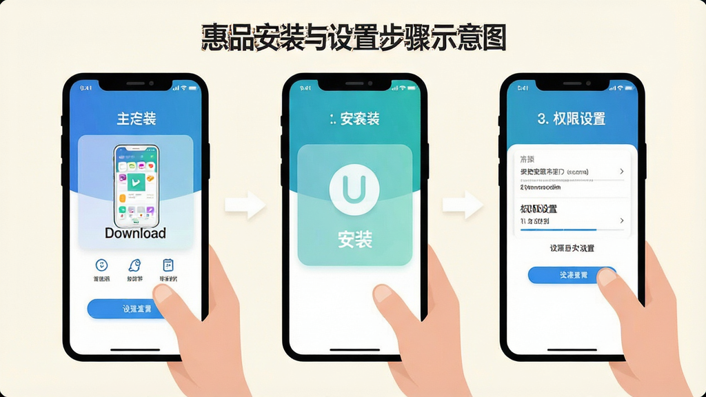 一幅展示惠品应用安装与设置步骤的示意图,画面中手机屏幕依次显示下载、安装、权限设置三个步骤界面,背景为浅色,风格教程类扁平插画,布局清晰,细节干净,画质明亮,无多余元素