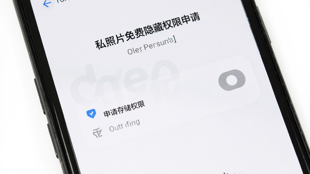 私人照片免费隐藏权限申请界面,手机屏幕显示软件仅申请存储权限,其他权限均为灰色关闭状态,界面简洁,背景为白色,突出权限克制与安全,画质清晰,无多余元素