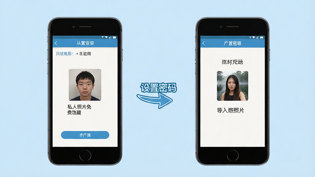 私人照片免费隐藏新手操作流程图,手机屏幕显示从安装到设置密码到导入照片的步骤示意图,界面简洁,背景为浅蓝色,突出操作指引,画质清晰,无多余元素