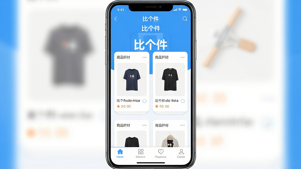 一张展示比个件软件主界面的手机屏幕截图,画面中央是比个件应用的首页,顶部显示软件名称“比个件”,中部有商品对比卡片布局,底部有导航栏,整体采用清爽的蓝白配色,界面干净整洁,画质清晰,无多余元素