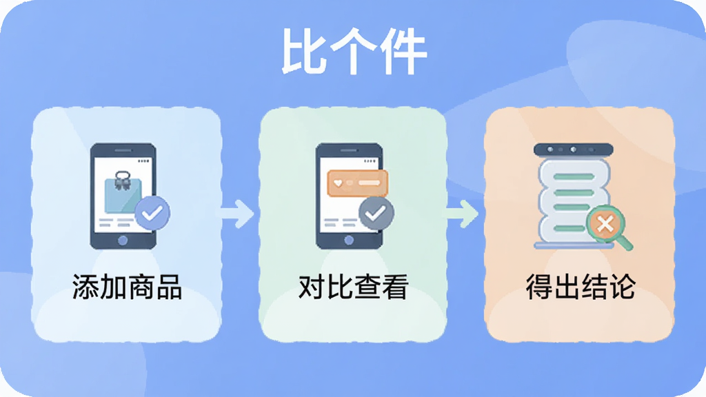 一张展示比个件应用操作流程的示意图,画面分为三个步骤,从左到右依次为添加商品、对比查看、得出结论,每个步骤用简洁的图标和文字标注,画面中带有“比个件”软件名称,风格扁平化,色彩柔和,画质清晰