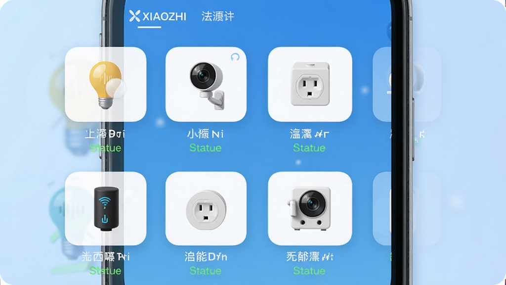 一张展示小智XIAOZHI设备管理界面的图片,画面中有一部手机,屏幕上排列着各种智能设备的图标,如灯泡、摄像头、插座等,每个图标下方有设备名称和状态,背景是淡蓝色渐变,风格清新简约,细节清晰,画质干净,无多余元素。