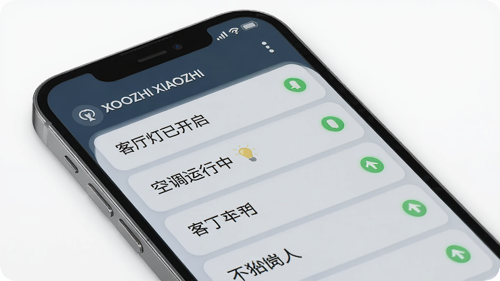 一张展示小智XIAOZHI实时状态反馈功能的图片,画面中有一部手机,屏幕上显示着设备状态列表,如“客厅灯已开启”、“空调运行中”,旁边有绿色的状态指示灯,背景是简洁的白色,风格干净利落,细节清晰,画质干净,无多余元素。