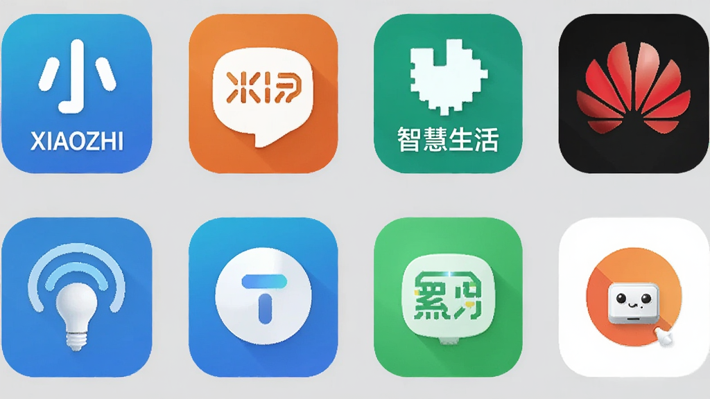 一张展示多款智能家居应用图标并列的图片,画面中有小智XIAOZHI、米家、华为智慧生活等应用图标,排列整齐,背景是柔和的浅灰色,风格商务简约,细节清晰,画质干净,无多余元素。