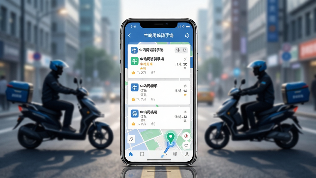 主体为一部智能手机,屏幕上显示“牛鸣同城骑手端”应用界面,界面中包含订单列表和地图导航元素。布局为手机居中放置于画面中央,背景为城市街道和骑手剪影的虚化场景。排版简洁,手机屏幕内容清晰可见。风格为现代科技感与生活化结合。细节包括手机边缘的光泽感、界面中订单卡片的图标和文字“牛鸣同城骑手端”、地图上闪烁的定位点。画质高清,干净明亮,无多余元素。