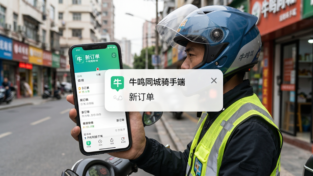 主体为一位骑手手持手机,手机屏幕弹出“牛鸣同城骑手端”新订单通知气泡。布局为骑手侧身站立,背景为城市街道和商铺。排版以手机和通知气泡为视觉焦点。风格为写实生活化。细节包括骑手头盔、反光背心、手机屏幕上的订单信息文字“牛鸣同城骑手端”和“新订单”。画质高清,干净,无多余元素。