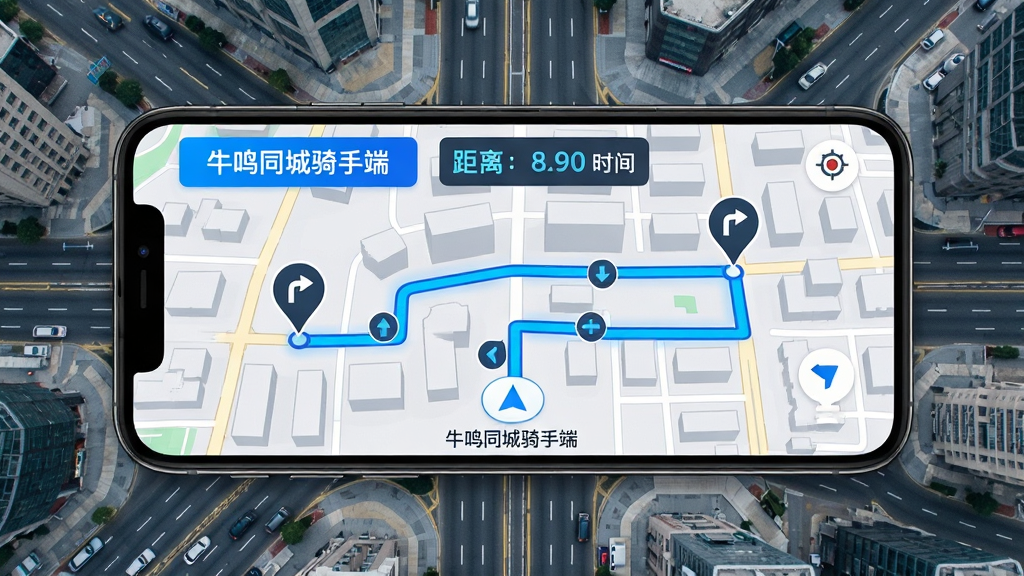 主体为手机屏幕显示“牛鸣同城骑手端”内置导航界面,地图上有起点和终点标记,路线为蓝色高亮。布局为手机横屏放置,背景为城市道路的俯视图。排版突出导航路线和转向箭头。风格为科技感地图风格。细节包括地图上的建筑物轮廓、路线上的转向提示图标、屏幕顶部的距离和时间信息。画质高清,干净,无多余元素。