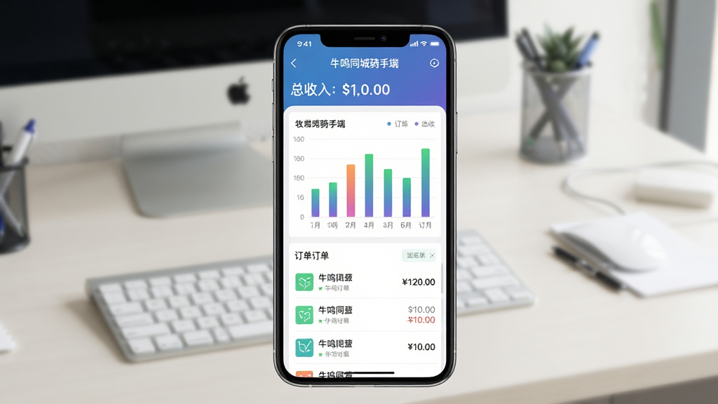 主体为手机屏幕显示“牛鸣同城骑手端”收益明细页面,页面中有柱状图和订单列表。布局为手机竖屏居中,背景为简洁的办公桌面。排版清晰展示数据图表和文字“牛鸣同城骑手端”。风格为商务简洁。细节包括图表颜色渐变、订单列表中的金额数字、页面顶部的总收入汇总。画质高清,干净,无多余元素。