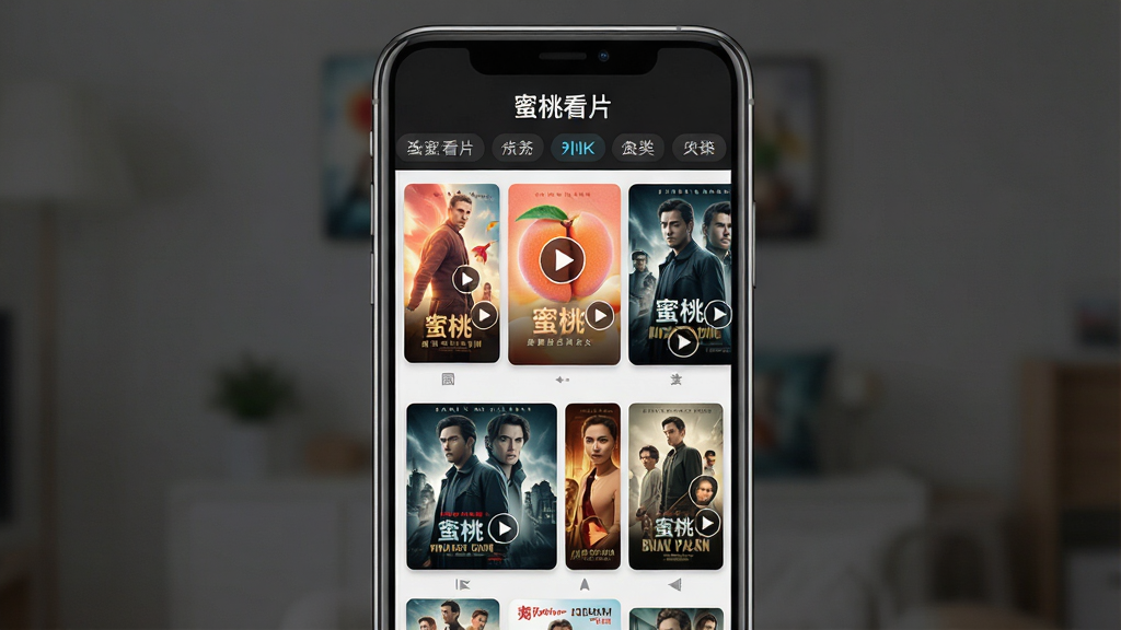 一张展示蜜桃看片软件界面的图片,主体为手机屏幕中显示影视海报墙,布局为居中展示手机正视图,排版为上下结构上方为软件名称