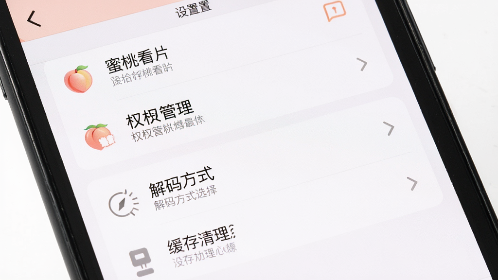 一张展示蜜桃看片使用教程的图片,主体为手机屏幕中显示设置界面,布局为纵向设置列表,排版为每项设置带有图标和文字说明,风格为简洁明了的工具类UI,细节包括权限管理、解码方式选择、缓存清理等选项,画质为高清、干净、无多余元素,图片中文字
