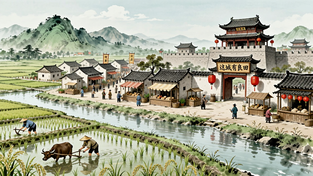 主体为一幅古代田园城池全景图,布局为前景农田与河流、中景热闹街市与民居、远景青山与城楼,排版采用横幅宽幅构图,风格为清新水墨国风,细节包括稻田中劳作的农夫、街道上往来的商贩、城门口悬挂的灯笼与匾额,匾额上写有“这城有良田”五个字,画质高清,画面干净,无多余元素