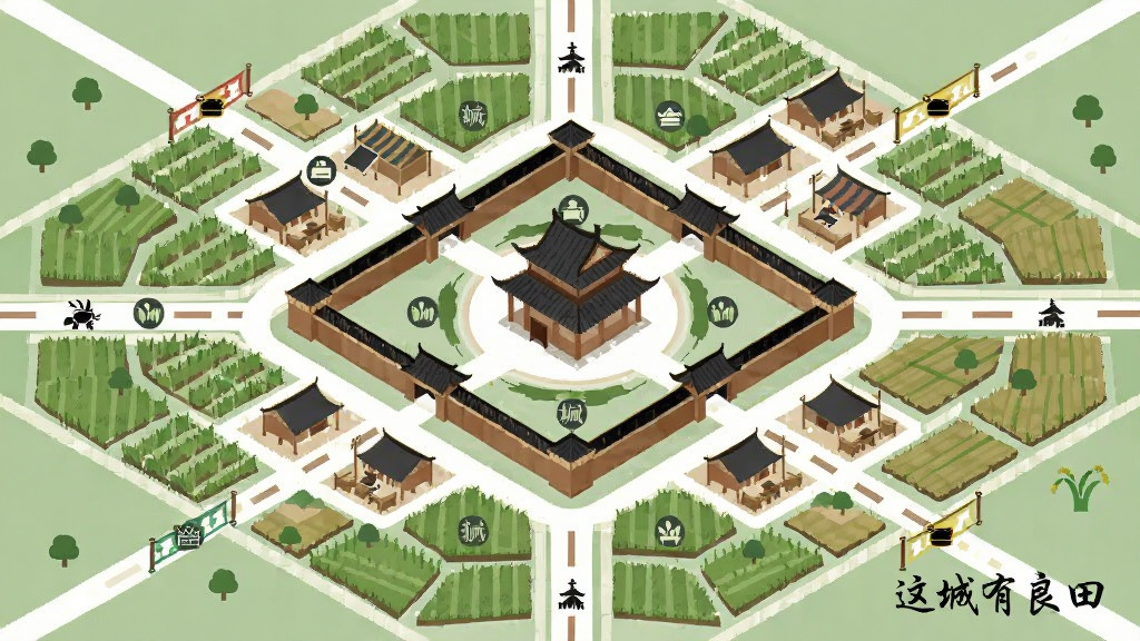 主体为古代城池俯视规划图,布局为中央城主府、四周对称分布的农田与市集,排版采用等距视角网格化展示,风格为简约国风插画,细节包括标注不同功能区域的图标与路径线条,画面中写有“这城有良田”字样,画质清晰,干净整洁,无多余元素