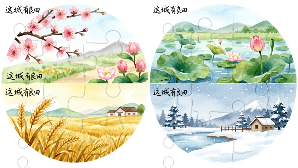 主体为四季田园风光拼图,布局为四格等分展示春夏秋冬,排版采用圆形分割构图,风格为柔和手绘水彩,细节包括春日桃花、夏日荷塘、秋日麦浪、冬日雪景,每格角落写有“这城有良田”,画质细腻,色彩干净,无多余元素