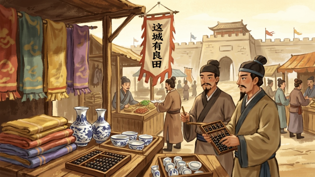 主体为古代商人交易场景,布局为前景摊位与货物、中景往来人群、远景城墙,排版采用透视纵深构图,风格为温暖国风手绘,细节包括摊位上摆放的丝绸与瓷器、商人手中算盘、写有“这城有良田”的旗帜,画质高清,画面干净,无多余元素