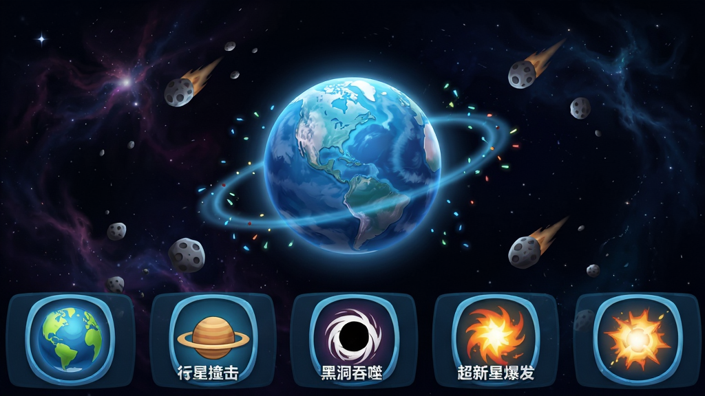 宇宙毁灭模拟器主界面全景展示,画面中央是一颗蔚蓝星球悬浮在深色宇宙背景中,四周散布着星云与陨石,界面底部排列着行星撞击、黑洞吞噬、超新星爆发等操作图标,布局采用九宫格与环形结合的方式,风格为科幻卡通渲染,细节包括星球表面纹理、光晕特效与动态粒子,画质清晰明亮,干净无多余元素。