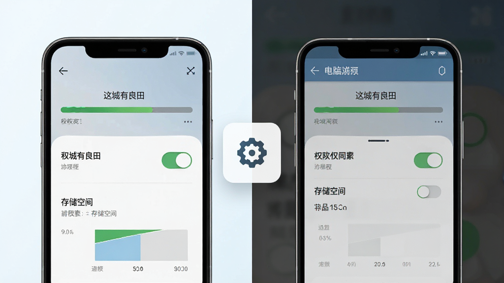 主体为手机屏幕显示游戏安装进度条与设置界面,布局为居中展示手机与悬浮的设置图标,排版采用左右分栏对比移动端与电脑端,风格为科技简约风,细节包括进度条上的“这城有良田”字样、权限开关图标、存储空间示意图,画质清晰,画面干净,无多余元素