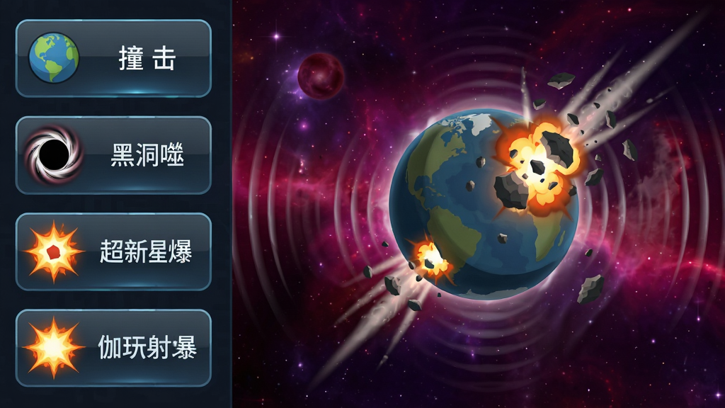 宇宙毁灭模拟器功能界面截图,画面左侧竖排显示行星撞击、黑洞吞噬、超新星爆发、伽马射线暴等图标按钮,右侧为实时演算的星球爆炸动画,星球碎片向四周飞散,背景为紫红色星云,布局清晰对称,风格为扁平化科幻UI,细节包括按钮高光、碎片拖尾与屏幕震动波纹,画质高清,干净无多余元素。