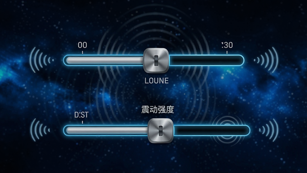 宇宙毁灭模拟器音效设置面板特写,画面中央为音量滑块与震动强度滑块,背景为深蓝色星空,滑块周围环绕着声波纹理与震动波纹图标,布局采用上下结构,风格为简约科技感,细节包括滑块金属质感、数值标签与微光边缘,画质清晰,干净无多余元素。