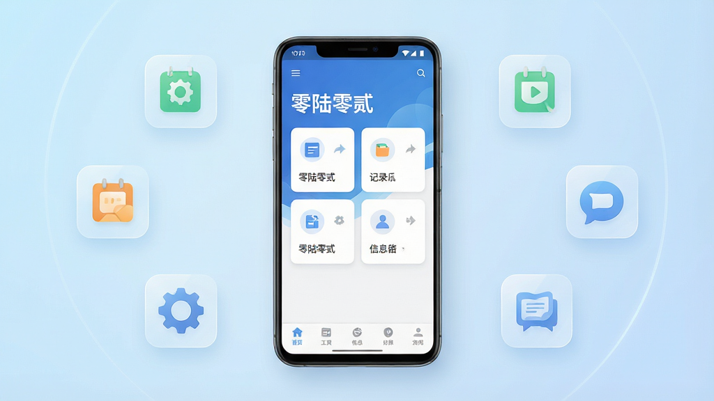画面中央放置一部安卓手机,手机屏幕显示“零陆零贰”应用主界面,界面布局简洁清晰,顶部有应用名称“零陆零贰”字样,中间为功能卡片式排列,底部为导航栏。背景为浅蓝色渐变,桌面干净整洁,手机周围环绕几个半透明的功能图标,代表工具、记录、信息等模块。整体风格为扁平化科技风,细节精致,画质高清,无多余元素,画面干净明亮。