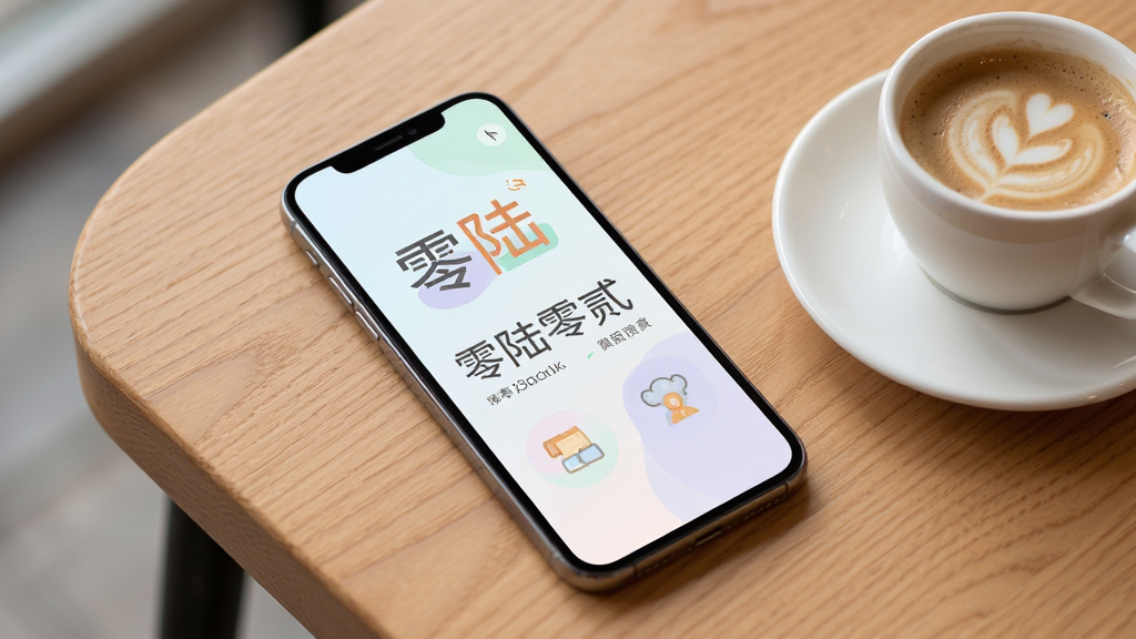 画面中一部手机斜放在桌面上,屏幕显示“零陆零贰”的界面设计细节,突出图标和文字排版,界面色彩柔和。背景为木质桌面,旁边有一杯咖啡。风格为生活化扁平风,细节精致,画质高清,画面干净,无多余元素。