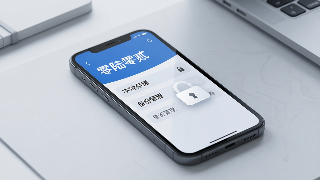 画面展示一部手机屏幕中显示“零陆零贰”的数据管理界面,界面中有“本地存储”“备份管理”等文字标签,旁边有锁形图标象征安全。背景为浅灰色,桌面整洁。风格为安全科技风,细节清晰,画质高清,画面干净,无多余元素。