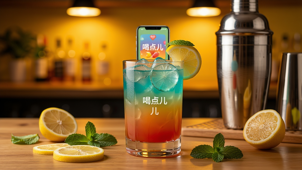 一杯色彩渐变的鸡尾酒放在木质桌面上,旁边散落着柠檬片、薄荷叶和调酒壶,背景是暖黄色灯光的家庭吧台,画面中央有手机屏幕显示“喝点儿”应用界面,整体风格温馨写实,细节丰富,画质清晰,干净无多余元素