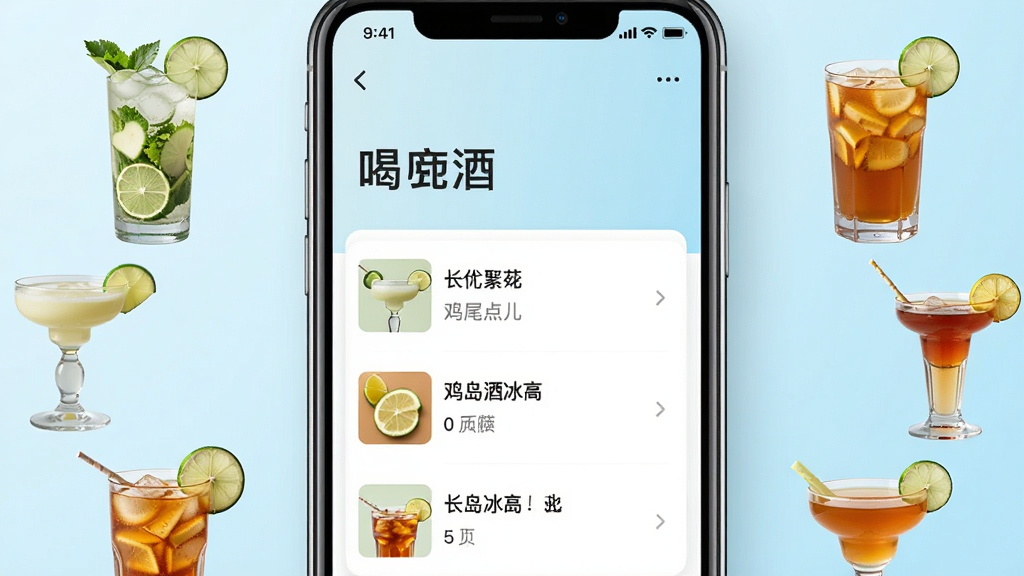 手机屏幕展示“喝点儿”应用中的鸡尾酒配方列表,屏幕周围环绕着莫吉托、玛格丽特、长岛冰茶等饮品实物小图,背景是浅蓝色渐变,布局居中对称,风格清新简约,画质干净明亮