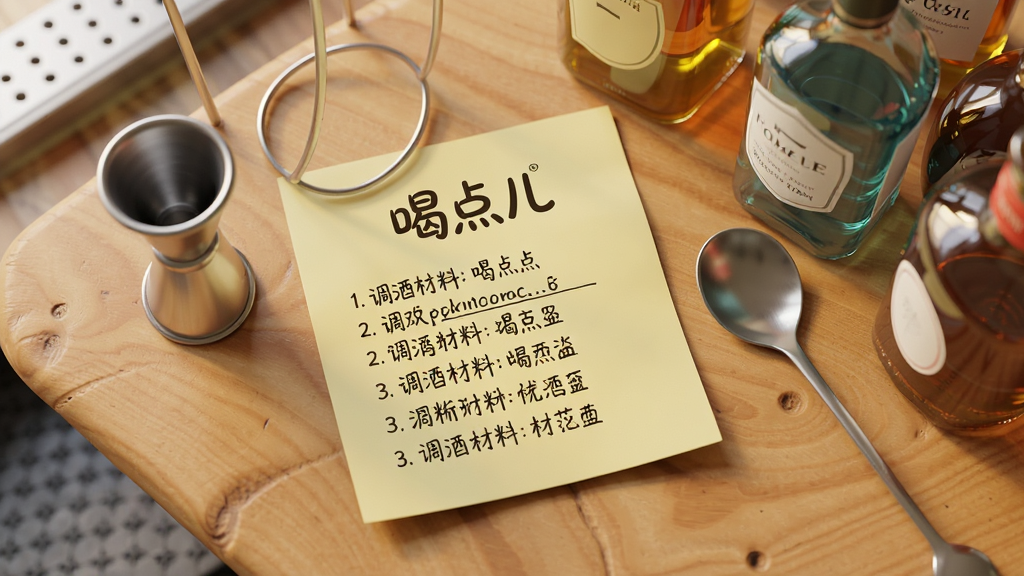 一张带有“喝点儿”Logo的便签纸上列出调酒材料清单,旁边放着量酒器、吧勺和几瓶酒,俯拍视角,木质桌面,自然光,风格生活化,细节清晰,画质细腻