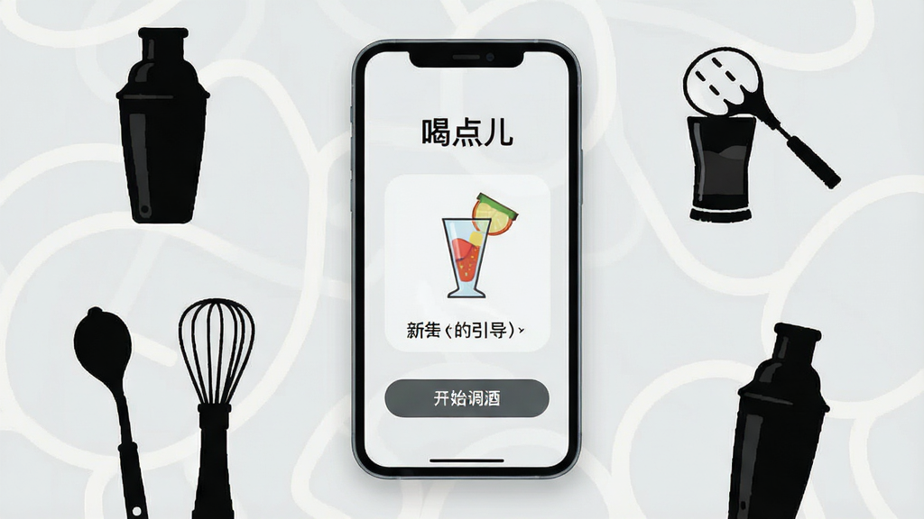 手机屏幕显示“喝点儿”应用的新手引导页面,页面中有简洁的图文说明和“开始调酒”按钮,背景是淡灰色,手机周围有少量调酒工具剪影,风格扁平化,布局清晰,画质干净
