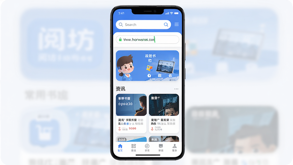 阅坊浏览器应用主界面展示图,主体为一部安卓手机正面竖屏,屏幕内显示阅坊浏览器首页,顶部有搜索栏与网址输入区,中部为常用书城入口与资讯推荐卡片,底部为导航栏,布局简洁清晰,排版整齐,风格为现代扁平化UI设计,细节包含圆角图标、浅色背景、蓝色主色调,画质高清,干净,无多余元素