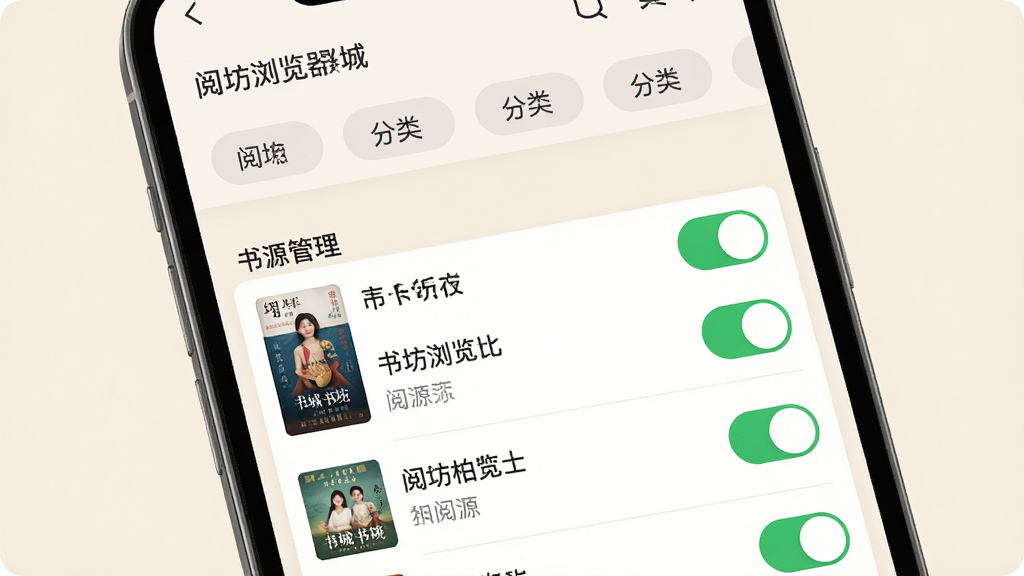 阅坊浏览器书城聚合功能展示图,主体为手机屏幕特写,屏幕中展示书城分类页面与书源管理列表,布局为上下结构,上方是分类标签栏,下方是书源开关列表,排版整齐,风格为清爽阅读类应用UI,细节包含书籍封面缩略图、绿色开关按钮、浅米色背景,画质高清,干净,无多余元素