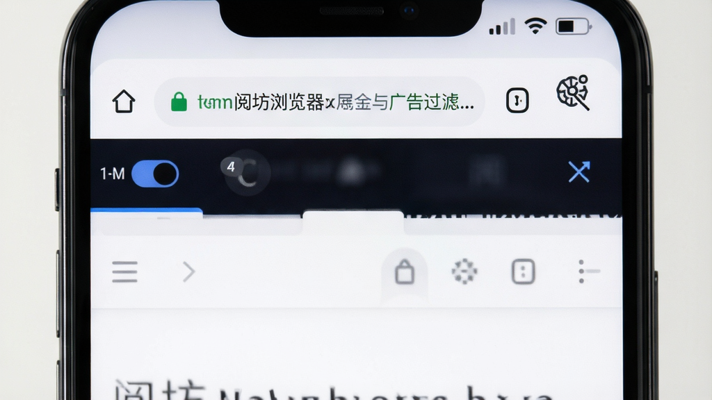 阅坊浏览器网页浏览与广告过滤功能展示图,主体为手机屏幕,屏幕内展示一个新闻网页,页面干净无弹窗,顶部地址栏显示网址,右上角有广告过滤图标,布局为单页浏览场景,风格为简洁浏览器界面,细节包含夜间模式切换按钮、标签页数量角标,画质高清,干净,无多余元素