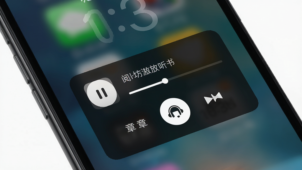 阅坊浏览器听书与后台播放功能展示图,主体为手机锁屏界面,屏幕中央显示听书控制卡片,包含播放暂停按钮、进度条、章节名称,布局为锁屏播放场景,风格为深色模式UI,细节包含耳机图标、时间显示、背景模糊效果,画质高清,干净,无多余元素